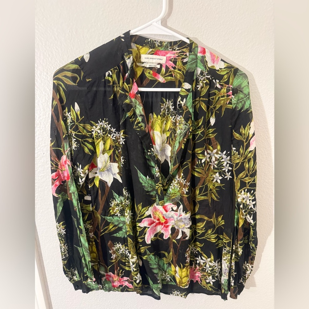 Isabel Marant Etoile Black Floral Linen Blouse with Green and Pink Accents